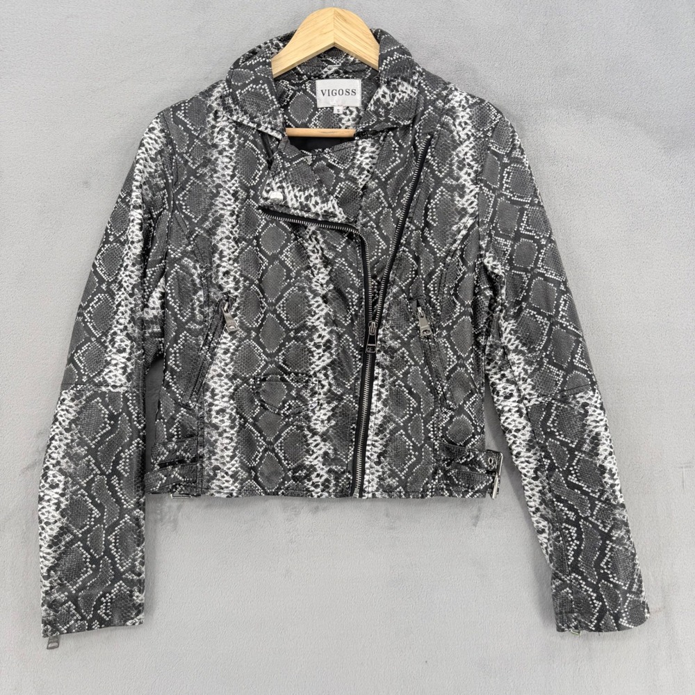 Vigoss Jacket Womens Small Snakeskin Print Faux Leather Moto Grey Animal Print